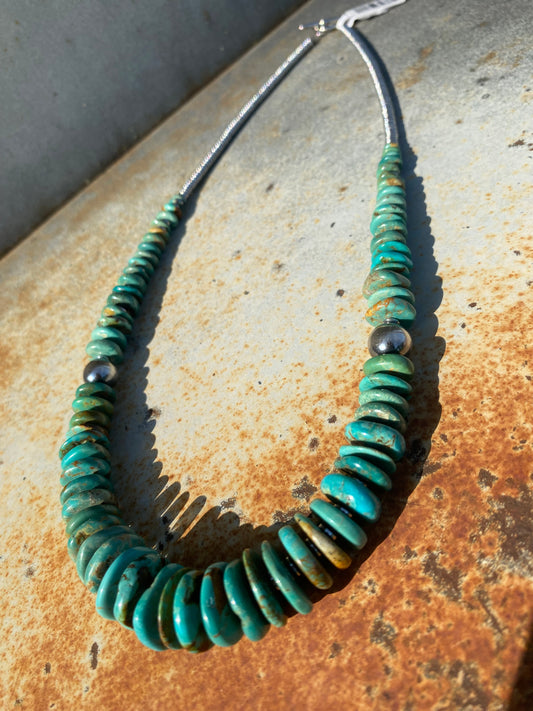 22" Graduated Green Turquoise w/ Sterling Silver Pearls